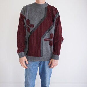 Vtg '80s Pacific Coast Gray Maroon Biggie Cosby Eclectic Knit Crewneck Sweater L